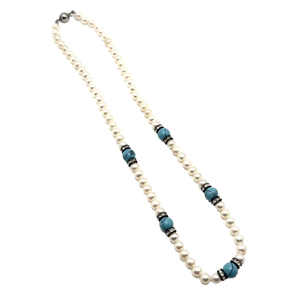 DANBURY MINT A Touch of Turquoise Genuine Pearl Necklace Sterling Silver Clasp